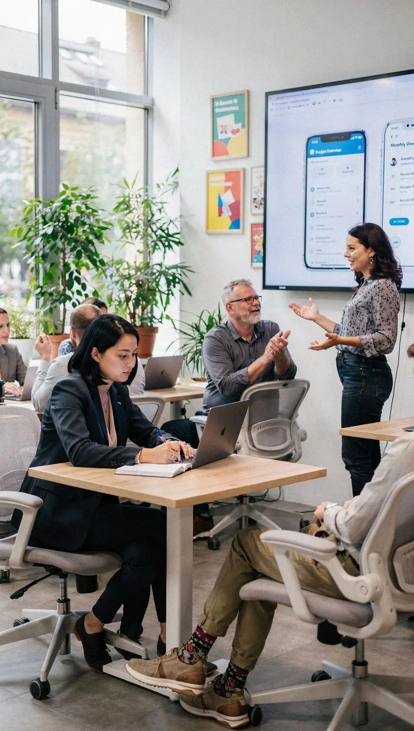 Szakértő tanácsadó beszélget helyi pénzügyi klub találkozón, jegyzetekkel és mosollyal a résztvevők között.